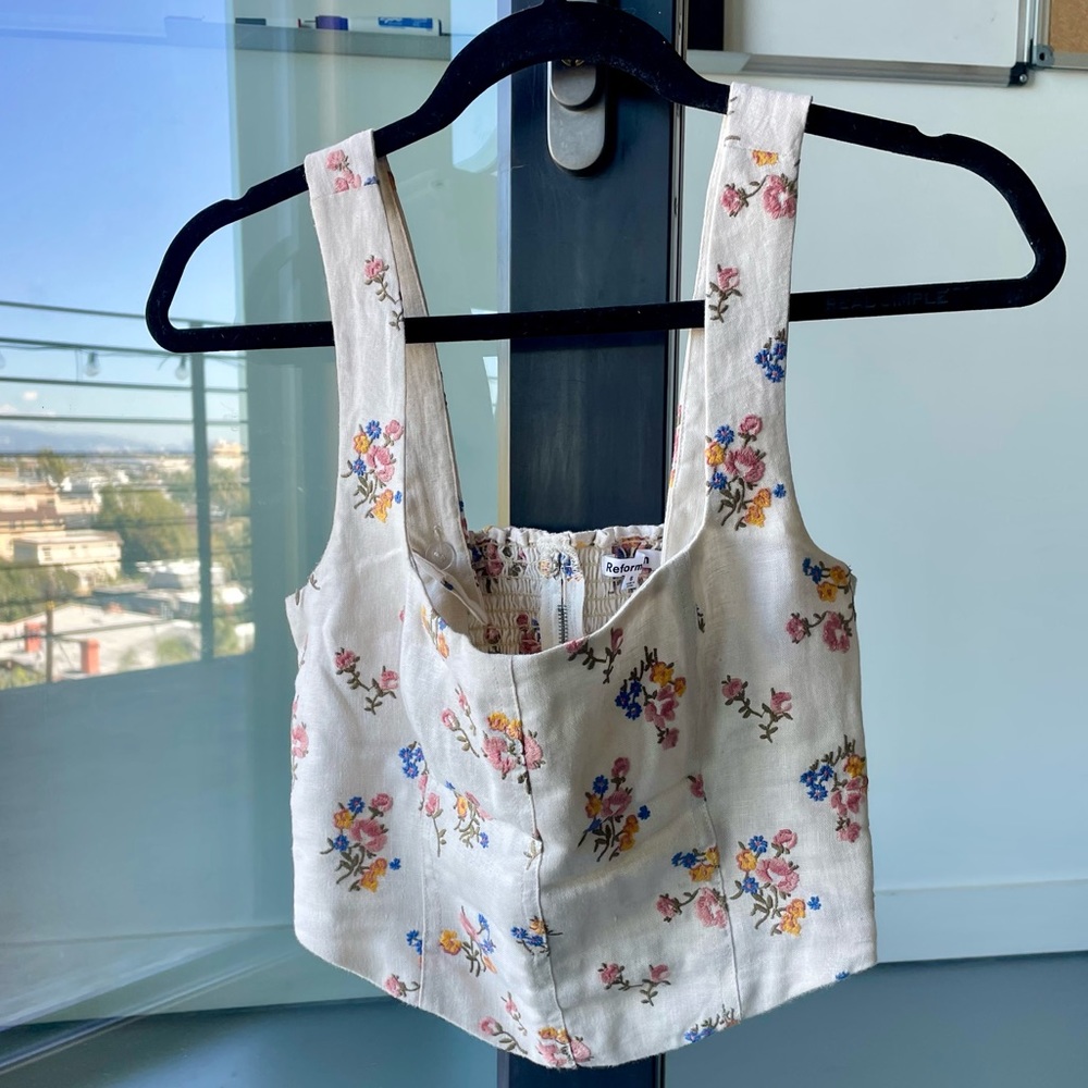 Reformation Gala Embroidery rover linen top